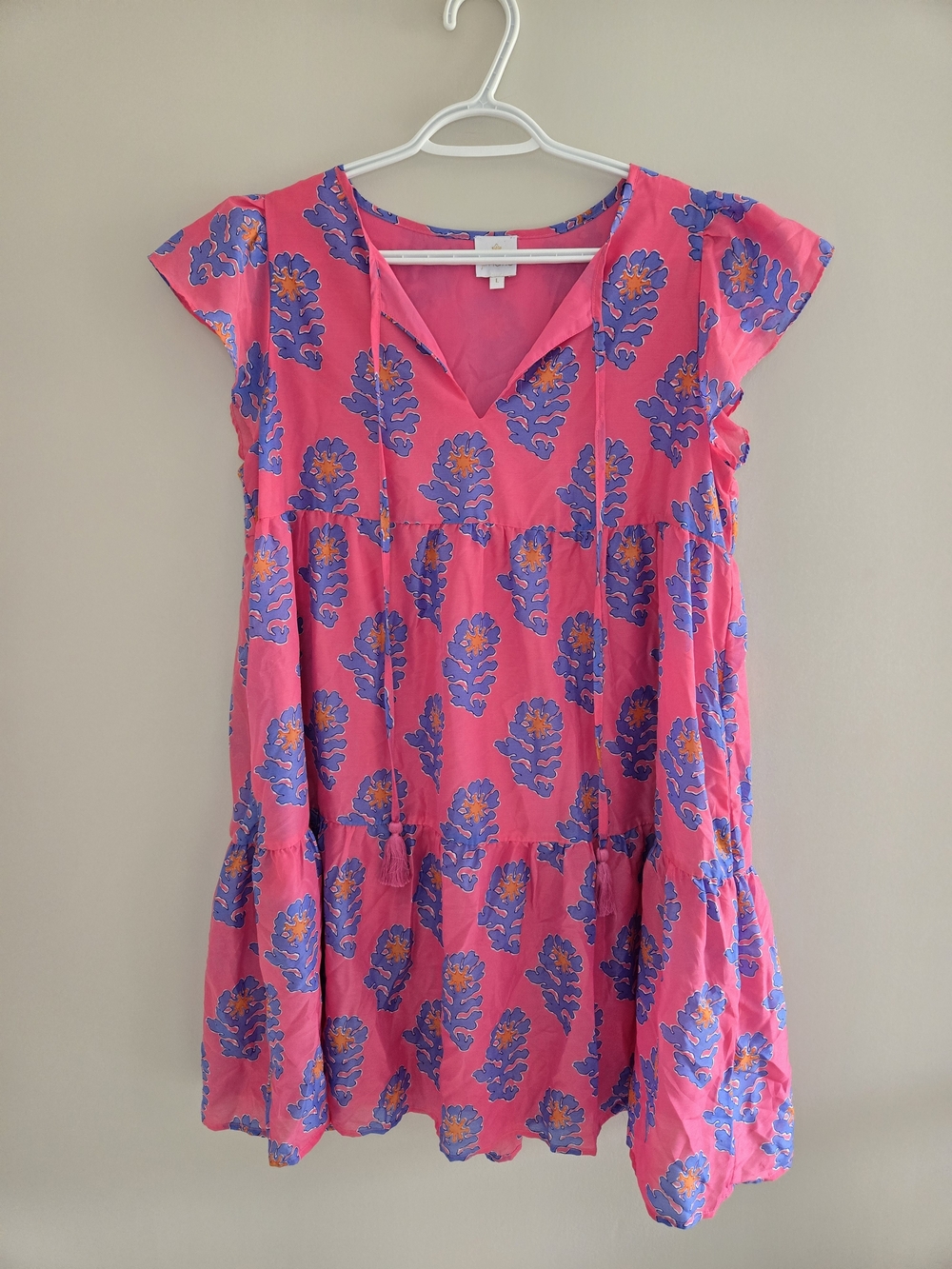 J.Marie Pink Floral V-Neck Mini Dress with Blue Print - Lightweight, Tassles